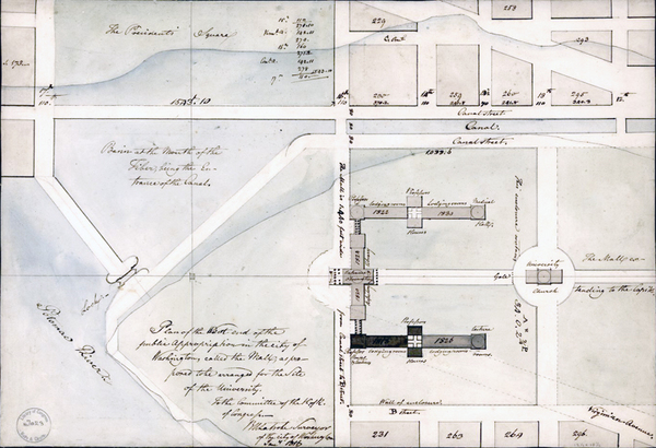 Plan of the west end of the public appropriation in the city of Washington, called the Mall : as proposed to be arranged for the site of the university 